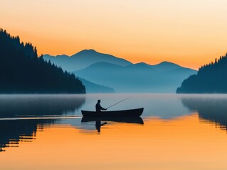 Fisherman Silhouetted Against a Tranquil Sunset Over Still Water