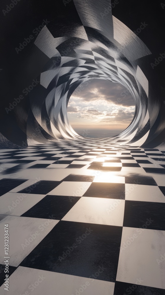 Poster a surreal checkered tunnel with a dramatic sky and light reflections, creating an abstract and futur