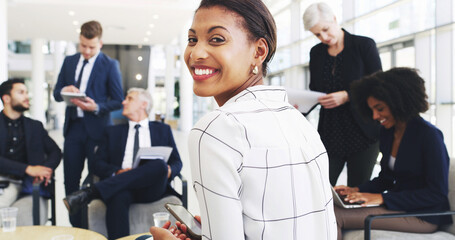 Happy, meeting and portrait of businesswoman in office for negotiation on real estate law case with clients. Confident, professional and female attorney with team for legal property transaction deal.