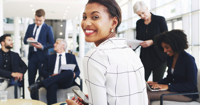 Happy, meeting and portrait of businesswoman in office for negotiation on real estate law case with clients. Confident, professional and female attorney with team for legal property transaction deal.