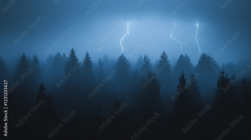 Poster a forest with trees and lightning in the sky. scene is dark and ominous