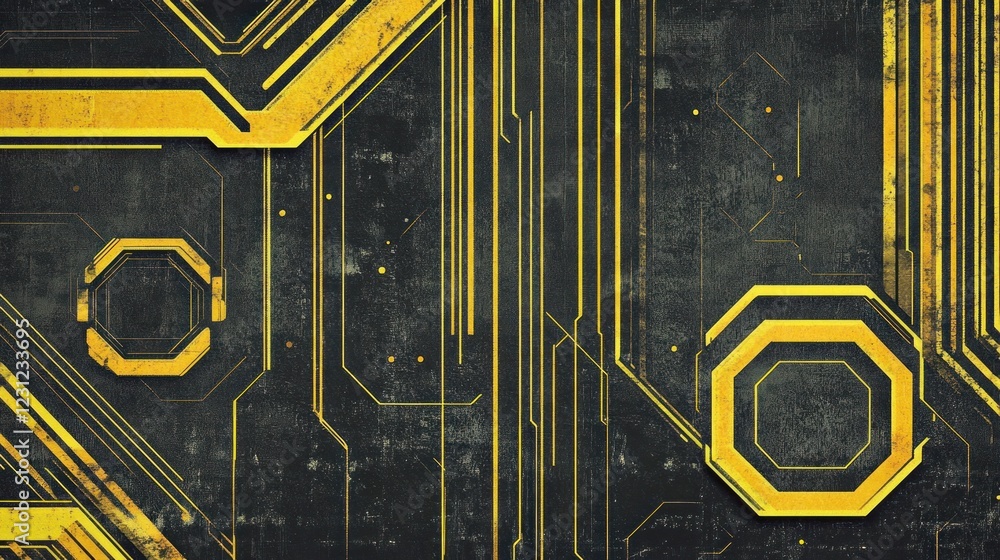 Poster abstract dark grey metallic background with yellow circuit lines and octagons.