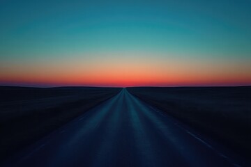 Silhouette of a vast, empty road stretching into the distance, with the sky above transitioning from twilight to night