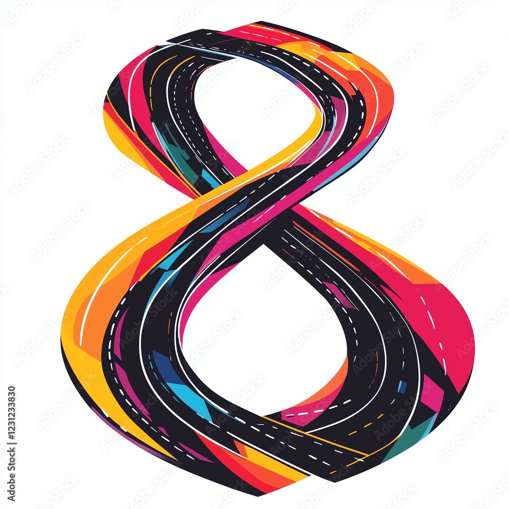 Poster a modern abstract vector illustration of a highway designed as a looping infinity symbol, featuring 