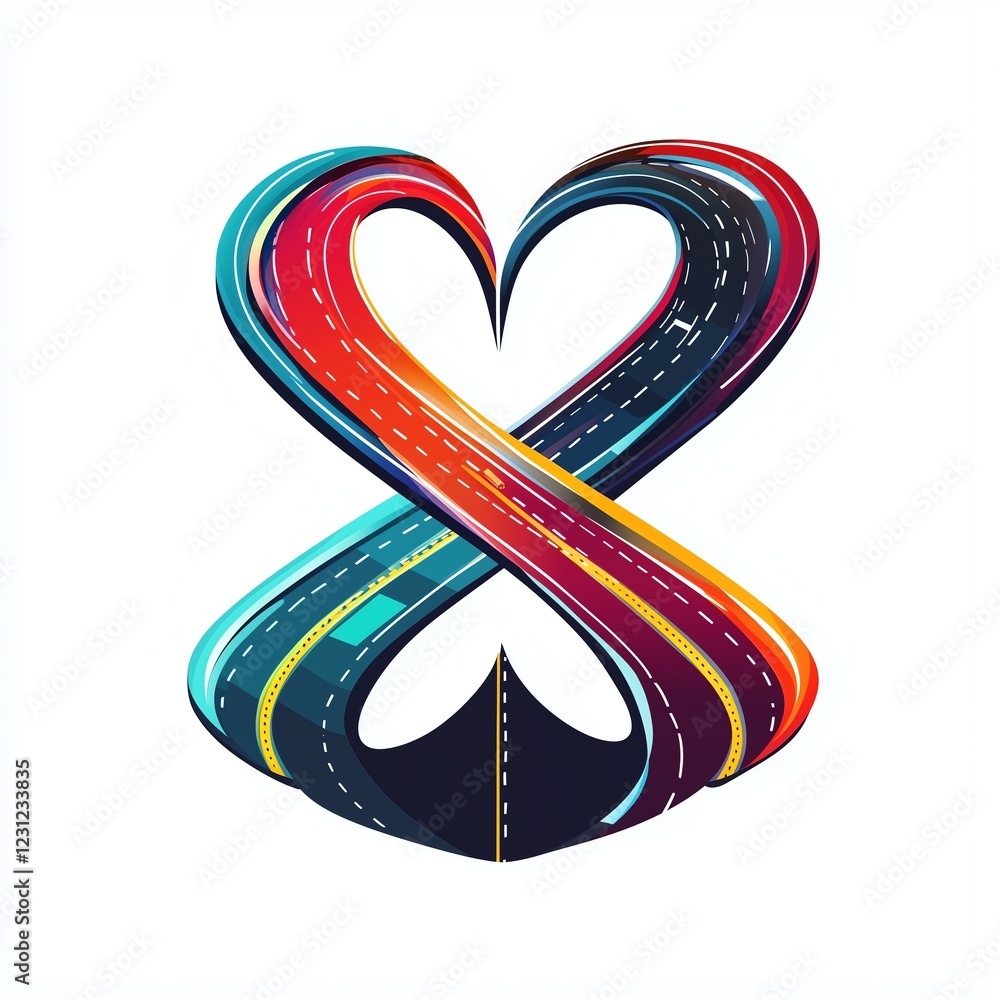Poster a modern abstract vector illustration of a highway designed as a looping infinity symbol, featuring 