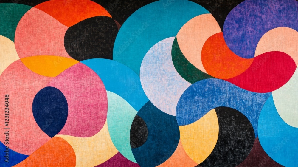 Poster a vibrant abstract geometric pattern featuring overlapping shapes and bold colors, perfect for moder