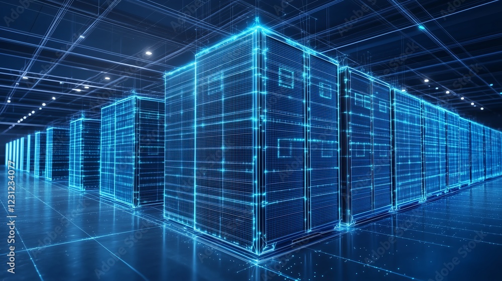 Aufkleber abstract low poly wireframe warehouse with minimalistic angular units and neon blue highlights on a 