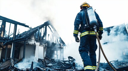 Professional Firefighter Assessing Damage After Building Fire