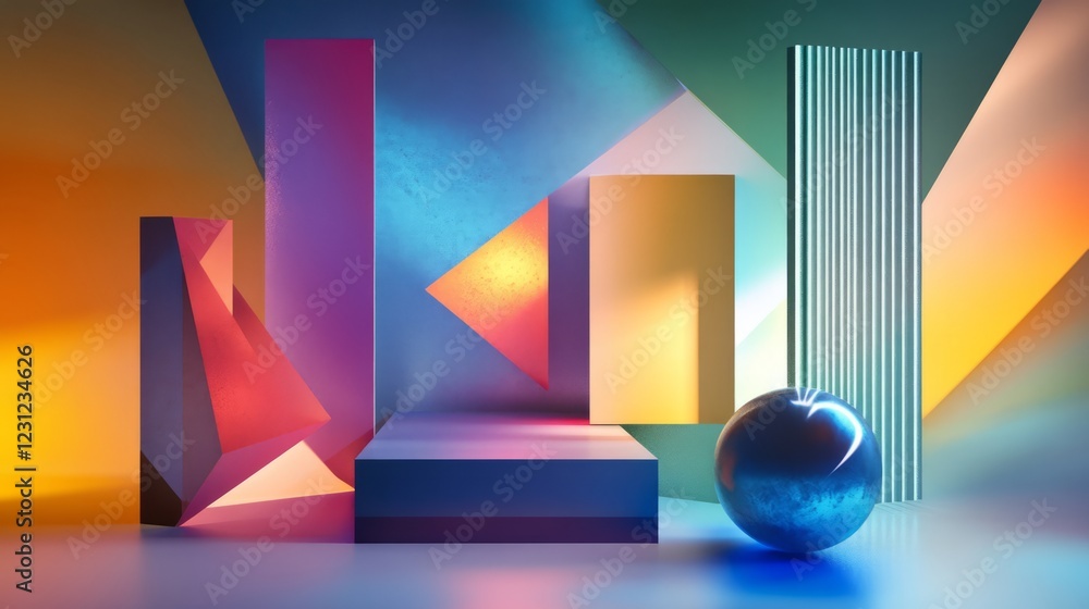 Poster a dynamic arrangement of geometric shapes in vivid colors, creating a striking abstract art piece wi