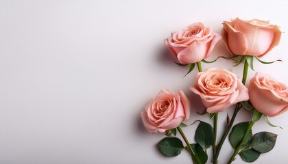 Fototapeta premium bouquet of pink roses. Beautiful roses on white background, flat lay with space for text. Funeral symbol 