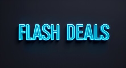 flash deals word lettering with neon blue glow on plain black dark background