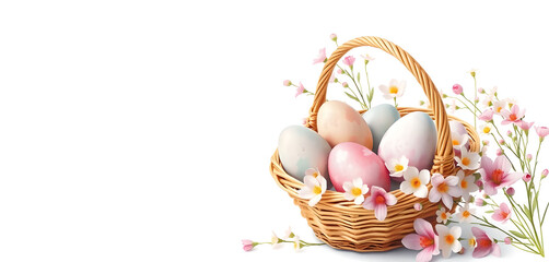 easter eggs in a basket with flowers