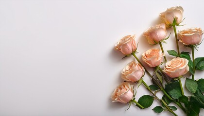 bouquet of pink roses. Beautiful roses on white background, flat lay with space for text. Funeral symbol 