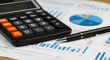 Financial analysis concept with pen, calculator, and accounting reports featuring charts and graphs. 3D rendering