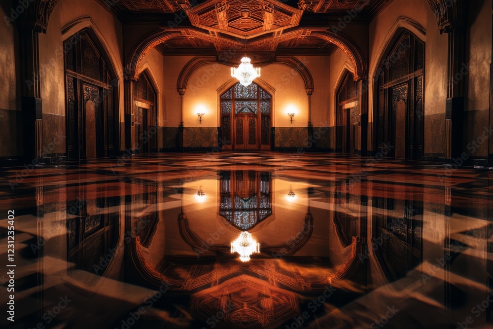 Poster large room with a chandelier hanging from the ceiling. the room is empty and the chandelier is the o