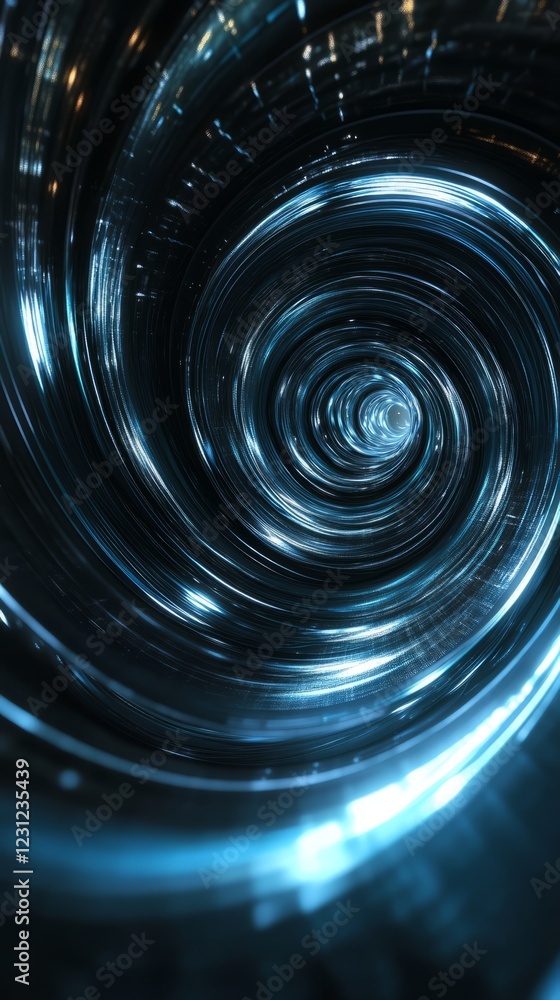 Poster a mesmerizing spiral vortex with glowing blue lights, creating a dynamic and futuristic visual effec