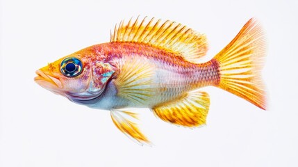 Fototapeta premium Close-up of a colorful tropical fish showcasing vivid hues and intricate fin details against a white backdrop.