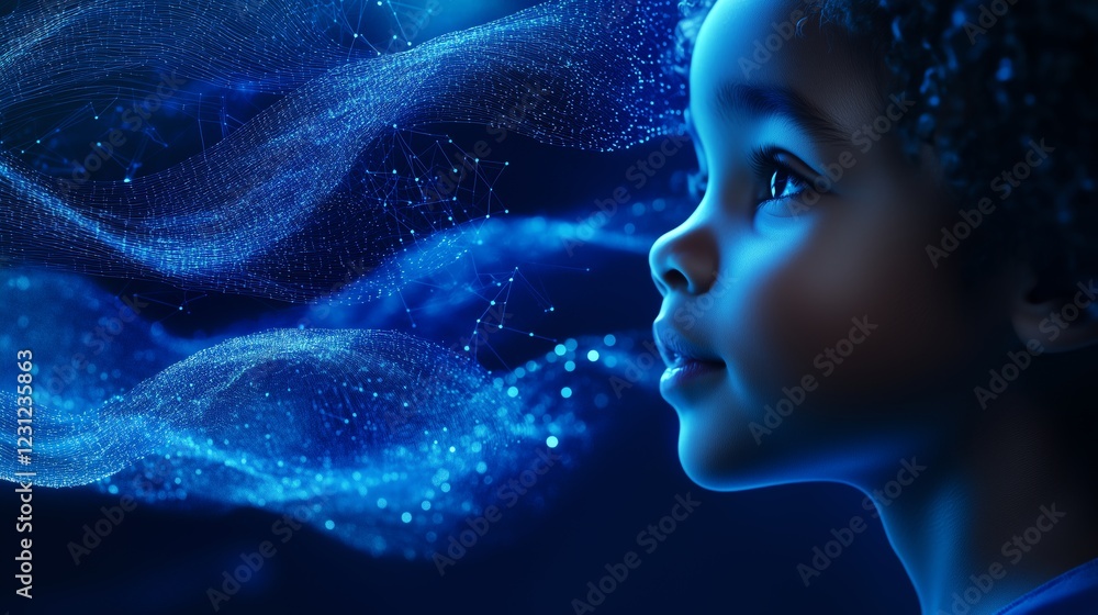 Poster close-up shot of a child interacting with a virtual environment, surrounded by waves of big data str