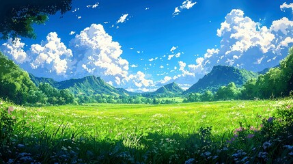 Obraz premium Serene Landscape: Sunny Meadow, Lush Green Field, Majestic Mountains, Blue Sky, Fluffy Clouds