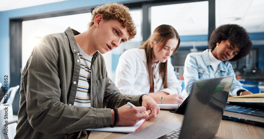 Leinwandbilder studying, group and students with laptop, classroom and research for assignment in college or writin