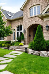 Naklejka premium Luxury House Exterior: Stone Brick Facade, Landscaped Garden, and Walkway