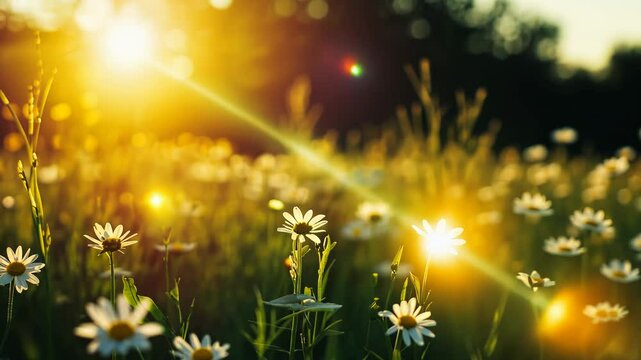 Sunlit daisies in a vibrant meadow at golden hour.