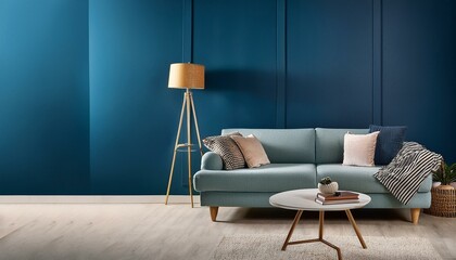 modern living room with sofa. Interior of cozy modern living room with sofa against blank, dark blue wall.