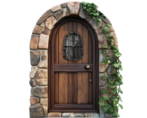 rustic wooden door framed by stone arch, adorned with ivy. This charming entrance evokes sense of mystery and adventure, perfect for fairy tale setting