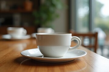 Fototapeta premium A white coffee cup on a saucer sits on a wooden table, illuminated by natural light, with a blurred background of a cozy cafe setting.