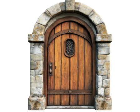 rustic wooden door with stone archway, featuring intricate details and weathered textures, evokes sense of charm and history. Perfect for fantasy or medieval themes