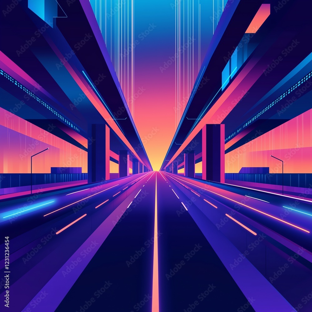 Poster a flat vector illustration of a futuristic highway featuring multiple lanes, overpasses, and neon ac