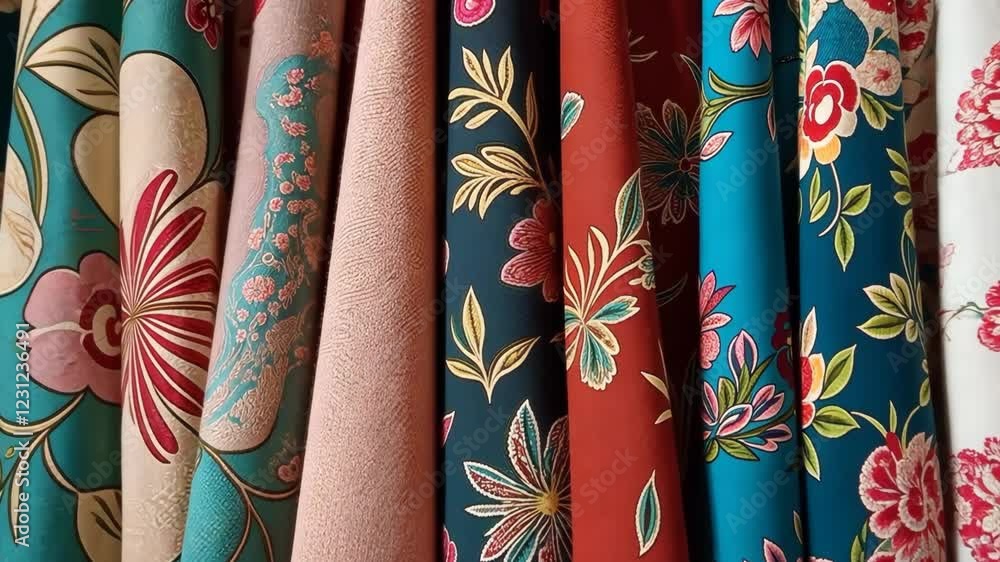 Poster A row of colorful fabric with flowers on them. The fabric is arranged in a line. The fabric is blue and red