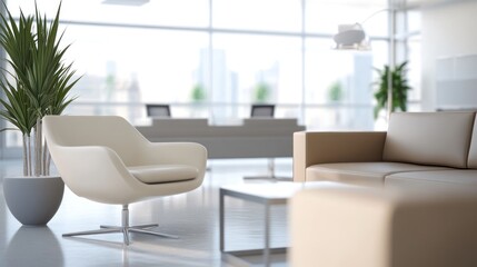 Modern office waiting area with tan couch, cream colored armchair and a potted plant by big windows