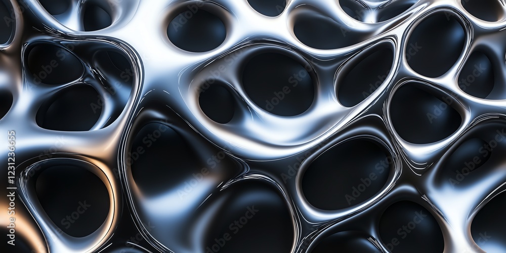 Poster futuristic mesh of glowing gray nodes with chrome highlights on a smoky black-to-white gradient back