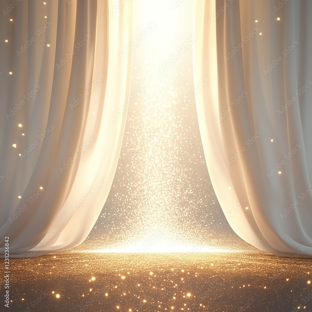 Aufkleber white and gold background with opened white curtains reflecting soft light and shimmering effects, c