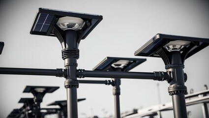 Naklejka premium A close-up of solar street lamps lined up, showcasing their modern design and sustainable energy features.
