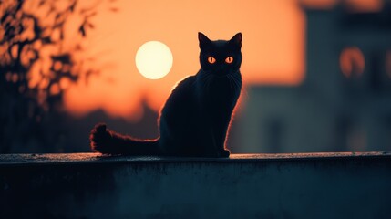 A black cat with glowing eyes sits silhouetted against a vivid sunset on a city rooftop, creating a mysterious and enchanting scene.