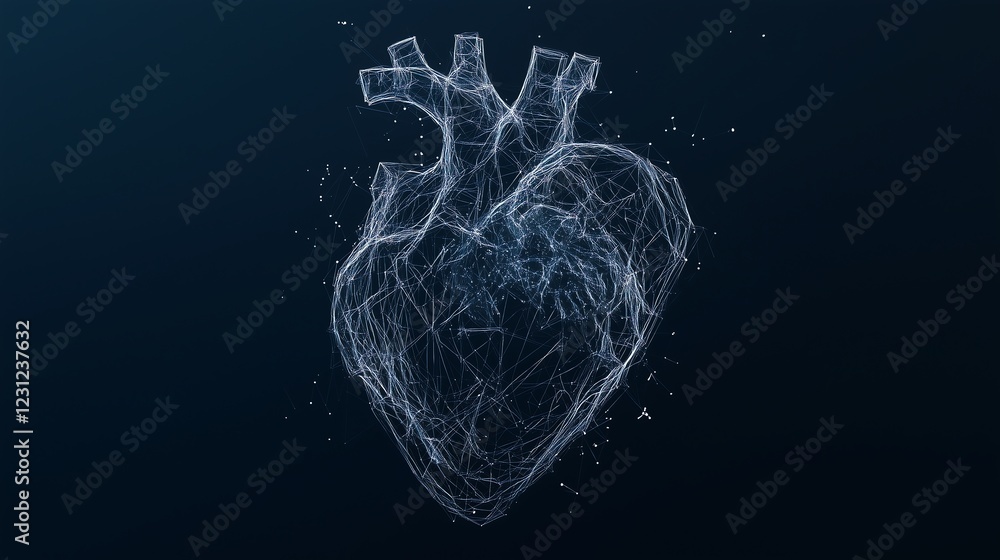 Poster low poly wireframe human heart with interconnected lines, isolated on a dark blue background with am