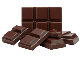 Dark chocolate blocks and bieces isolated on white background, front view, no depth of field, sharp