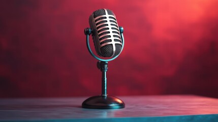Vintage Microphone on Stand with Red Background Lighting