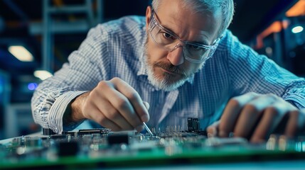 Engineer meticulously checking quality at a printed circuit board manufacturing factory, highlighting precision in a cinematic high-tech environment.