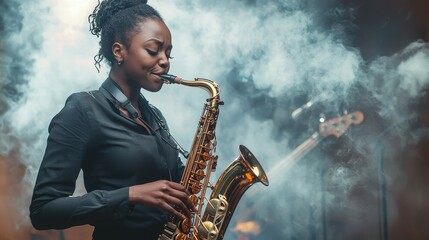 Obraz premium Female Musician Playing Saxophone Surrounded by Smoke and Lights
