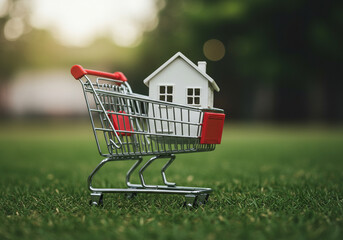 Evoking a sense of affordability, convenience, and the accessibility of homeownership, this image of a miniature house in a shopping cart is suitable for use in real estate marketing