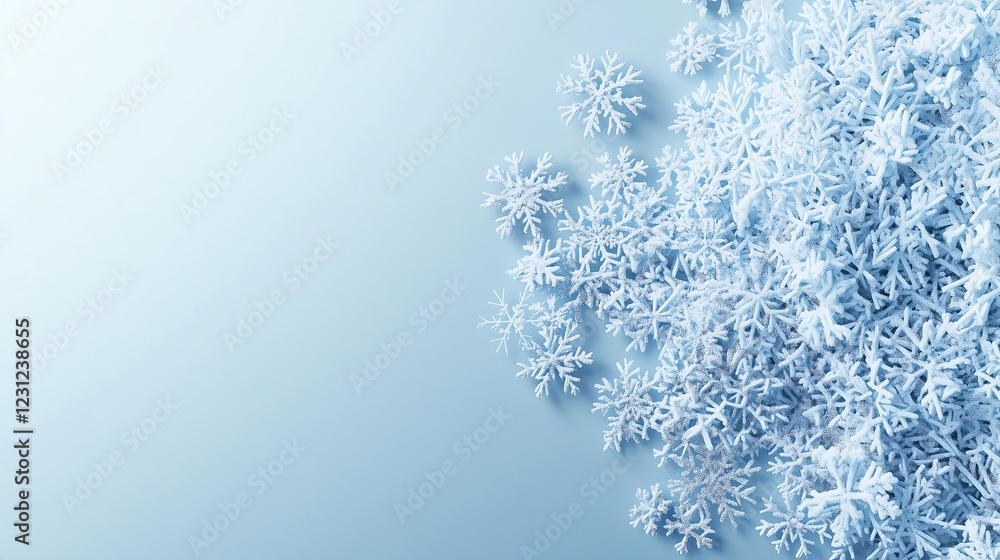 Poster minimalist snowflake designs sparsely arranged on a soft blue-to-white gradient background, featurin