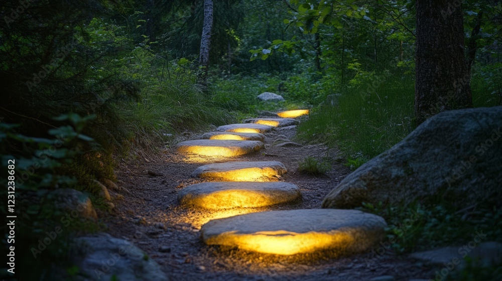 Poster a mystical forest path with glowing stones lighting the way through lush greenery, creating a magica