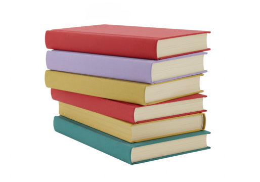 A stack of four hardcover books with colorful covers, isolated on white background