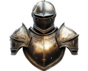 detailed, realistic depiction of medieval suit of armor, showcasing intricate designs and polished metallic finish. This armor represents strength and historical significance