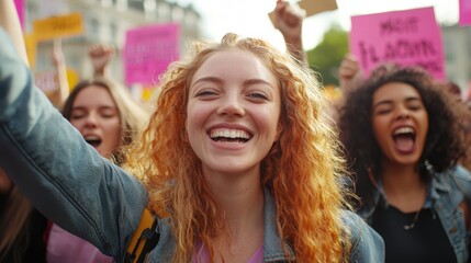 Obraz premium Joyful Young Woman Leading Crowd in Vibrant Advocacy Protest