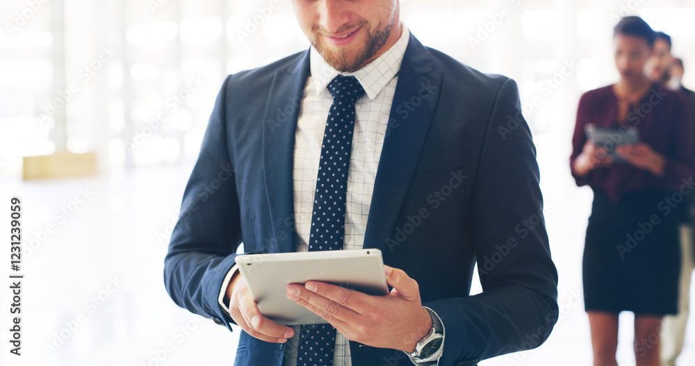 Poster hands, tablet and business man online in office, check email or trading app in queue at crypto conve