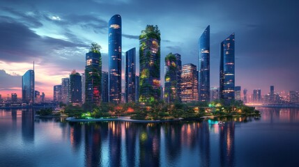 Obraz premium Futuristic Eco City at Night: Illuminated Skyscrapers and Lush Greenery Reflected in Calm Waters